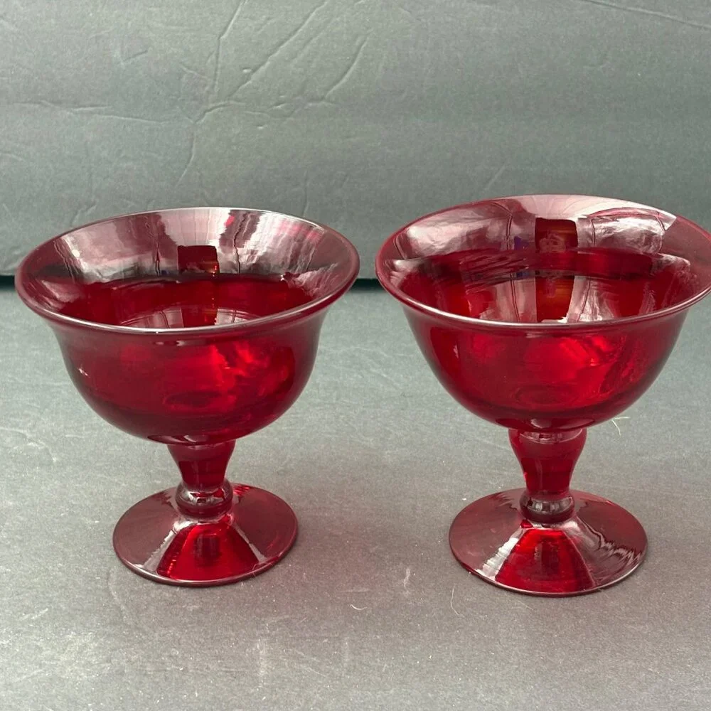 Vintage Ruby Red Hand Blown Glass Dessert Coupe Sherbet Set of 2 Art Deco Pontil
